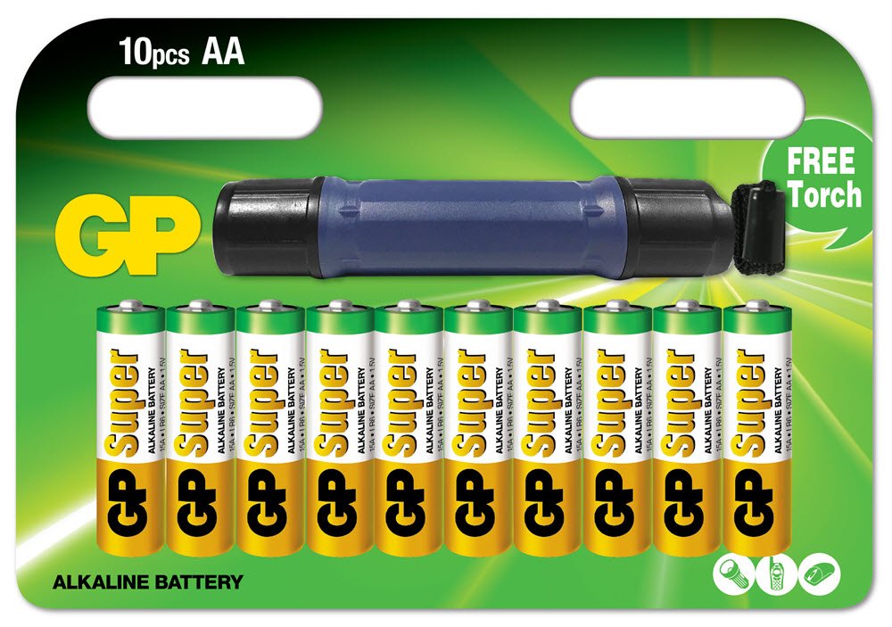 Batteri GP AA 10stk + lygte