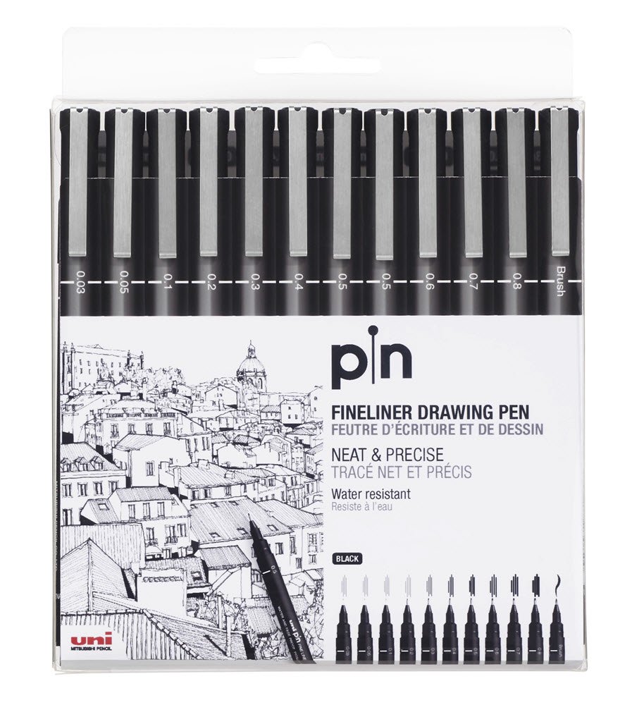 Uni Pin Etui m/12stk sort