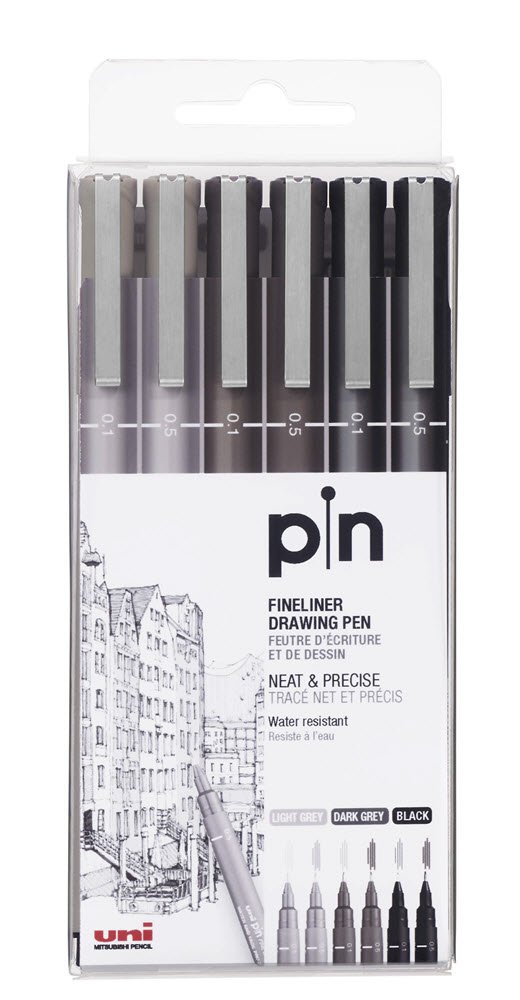 Uni Pin Etui m/6stk grey+sort