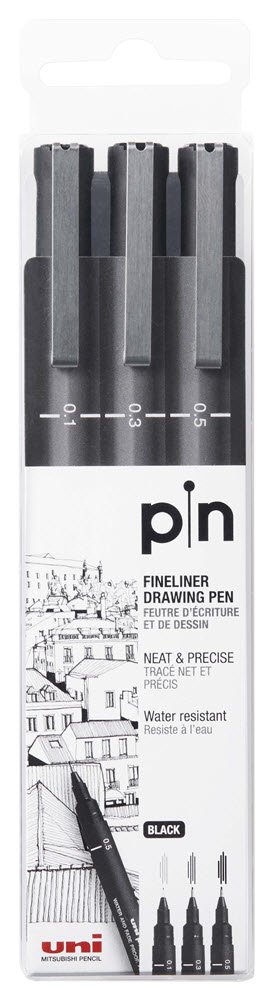 Uni Pin Fine Line 3 stk Sæt Sort "0,1 - 0,3 - 0,5"